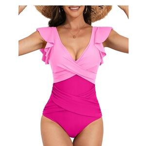 NWT B2Prity Pink One Piece Swimsuit with Wrap-Style Bodice and Ruched Details